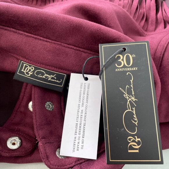 DG2 by Diane Gilman Car Coat Size Medium Faux Suede Fringe Long Sleeve Wine NEW - Picture 5 of 10